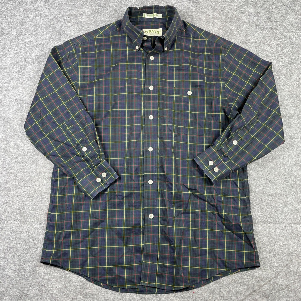Vintage Orvis Button Down Shirt Mens M Green Plaid Long Sleeve Cotton Pocket 90s